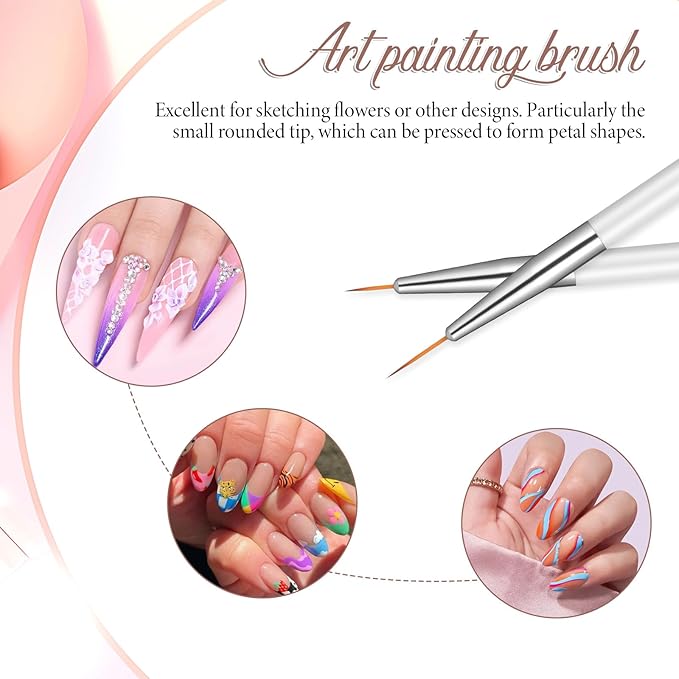 6Pcs Nail Art Brushes Nail Brush Pink Dotting Pen Painting Tools Double-ended Gel Polish Liner Brush Kit Small Detail Brushes for DIY Manicure