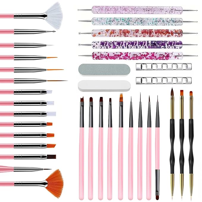 36 PCS Nail Art Tools, Nail Design Kit, Professional Nail Brush Set with Nail Dotting Tools, Gel Polish Painting Brushes & Manicure Accessories for DIY Salon Supply-Pink