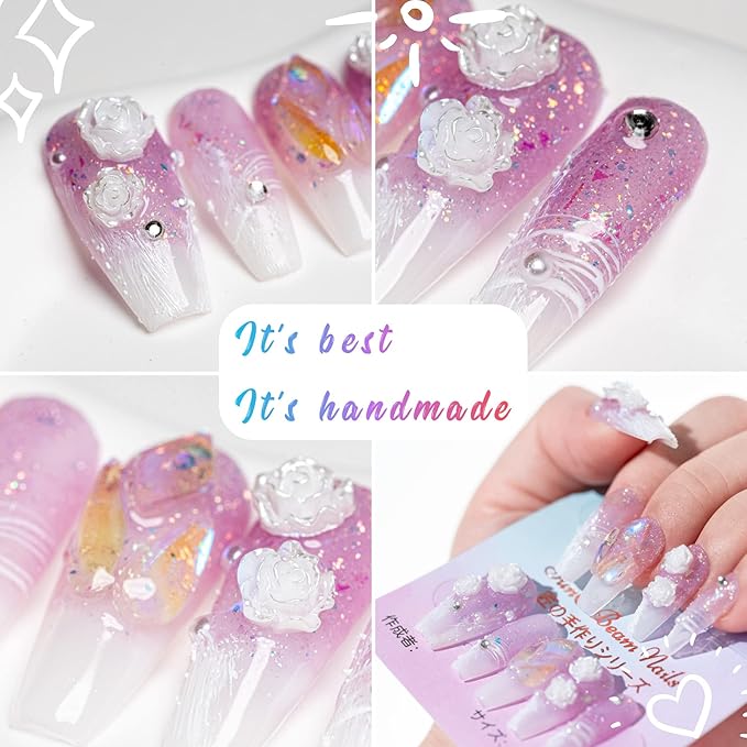 Sun&Beam Nails Handmade Press On Nail Medium Long Coffin Ballerina Purple Flower Fake Tip 3D Design Art Charms Cute with Storage Box 10 Pcs (L)