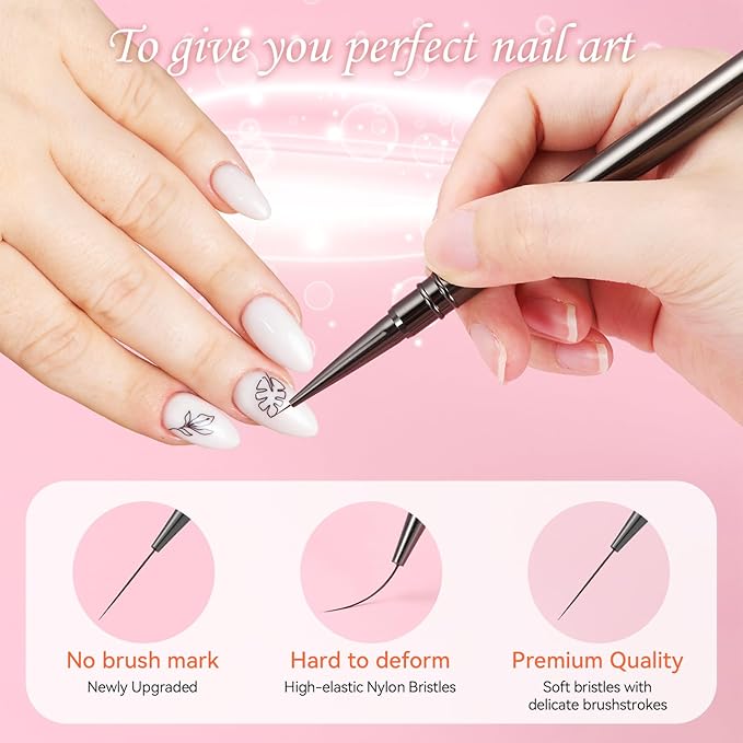 5Pcs Nail Art Liner Brushes For Gel Polish, Detail Painting Design Fine Lines Drawing Brush Set With Cap Metal Handle Home DIY Salon Manicure Tools Women Gifts, 6/9/12/15/18mm