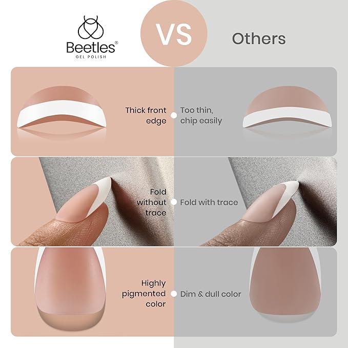 Beetles Press On Nails Square- French Tip Nails 210pcs Short Square Brown Soft Gel Nail Tips Pre-applied Tip Primer No Need File False Nails for Nail Art DIY 15 Sizes