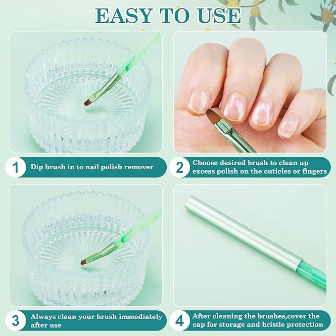 3PCS Nail Clean Up Brushes for OPI Nail Polish Remover, Brushes for Cleaning Polish Mistakes on the Cuticles, Acetone Resistant Nail Brush for Nail Art and Designs（Jade Green ）