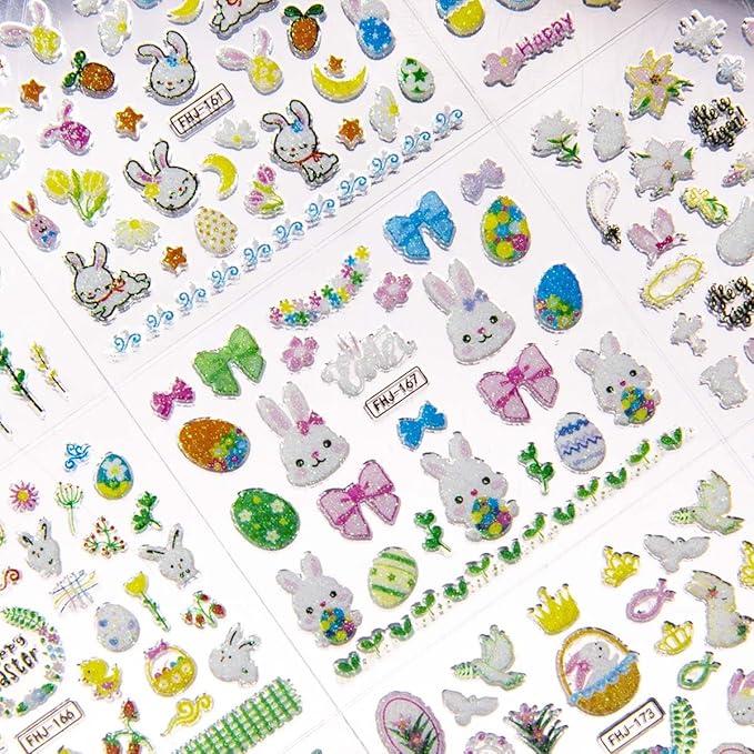 30 Sheets Easter Nail Art Stickers 3D Self-Adhesive Rabbit Nail Decals Cute Bunny Egg Nail Art Design for Women Nails Art Decorations Manicure Accessories