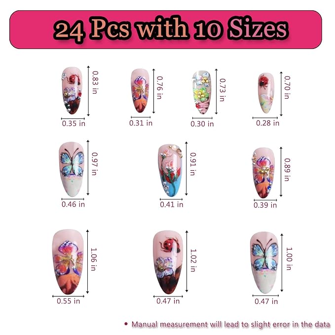 Colorful Shining Flowers and Butterfly 24pcs Medium Almond Nails, Colorful Full Cover Artificial Stick on Nails Kit