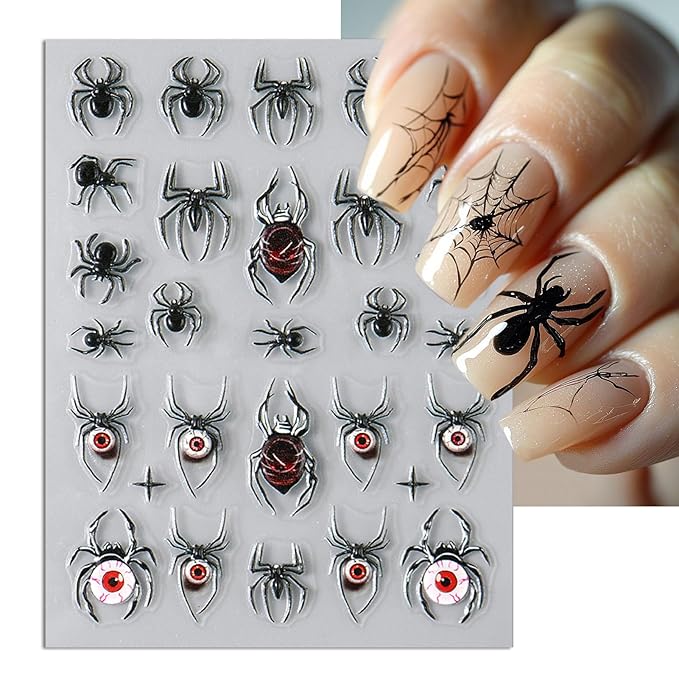 Halloween Nail Art Stickers, Bones Skeleton Nail Decals, 3D Spooky Self-Adhesive Spider-Web Bat Design for DIY Nail Supplies Decoration (4 Sheets)