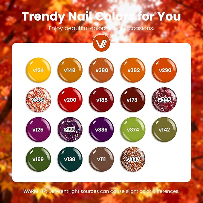 VANREESA 24 Pcs Fall Gel Nail Polish Set -Fall Colors Gel Polish with Base Coat & 4 Effects of Top Coat Orange Yellow Red Green Purple Brown Gel Polish Set Nail Kit Gifts for Women Girls DIY at Home