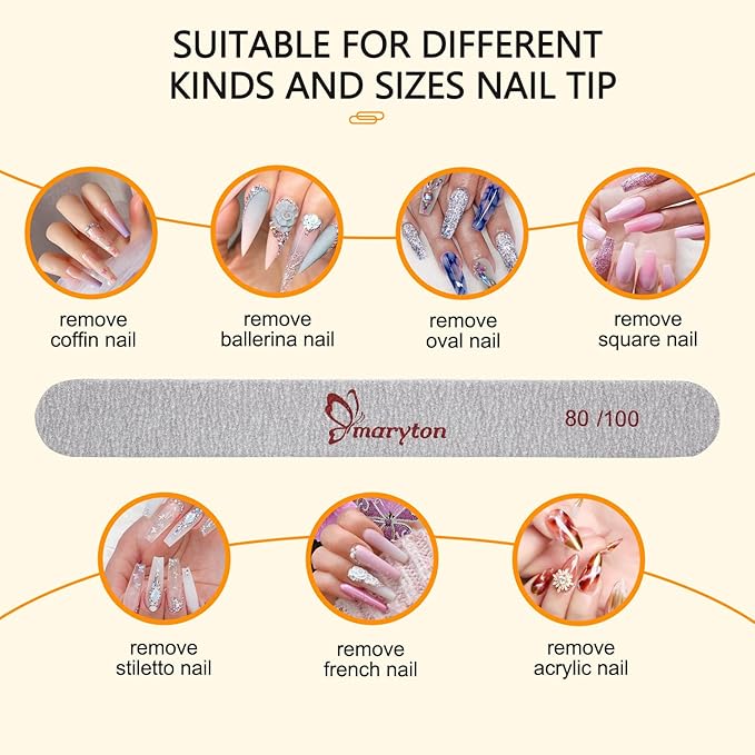 Maryton Coarse Nail File 80/100 Grit Emery Boards for Poly Gel Acrylic Nails, 12 PCS Professional Double Sided Wood Finger Nail Files Set Manicure Tools