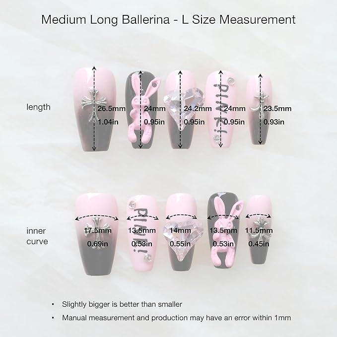 Luxury long Long Ballerina Press-On Nails, Pink and Black Gothic Design with 3D Bunny and Diamond Heart, Handmade False Nail 10 Pieces (Large, LS)