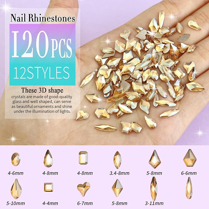 Dowarm 3200PCS Champagne Gold Nail Art Rhinestones, Round Flatback Rhinestones for Nails, Crafts, Golden Shadow Multi Shape 3D Glass Crystal Nail Gemstone Diamond