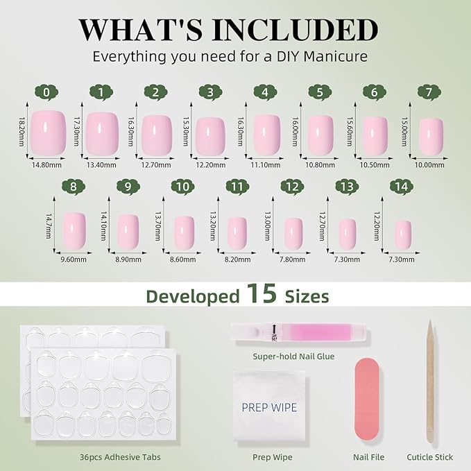 Pink Press On Nails Square - Pink Short Square Fake Nails, Press On Nails Reusable Stick On Nails in 15 Sizes, 30pcs False Nail Kit for Women & Girls (GirlyPink)