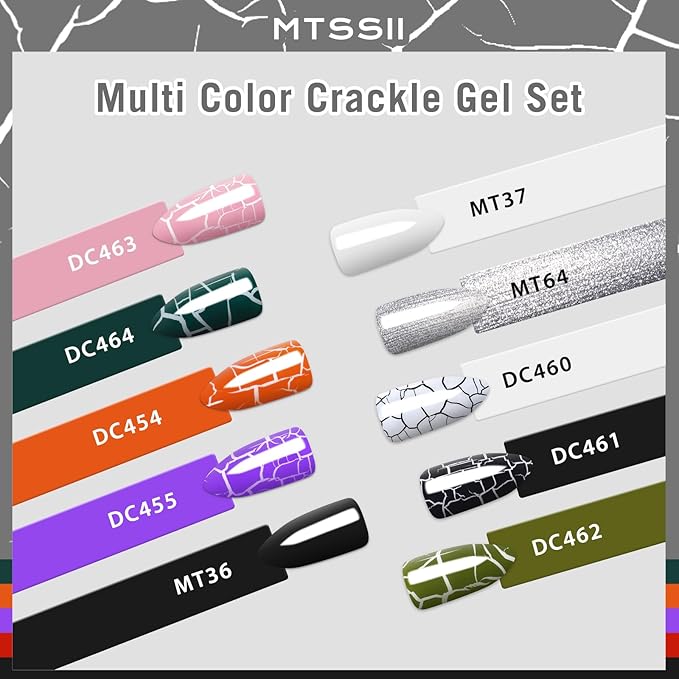 MTSSII Super Easy Crackle Gel Nail Polish 12pc Set - 7 Colors + White, Silver, Black - Base & Top Gel, Quick Dry Nail Art Kit - Fall Gift for Women