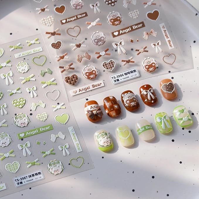 Heart Nail Art Stickers Bear Nail Decals Green Brown Nail Sticker 5D Embossed Self Adhesive with Bow Design for Women Girls Kid Manicure Decoration Accessories