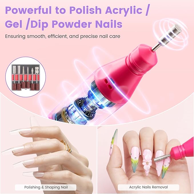 Nail Kit for Beginners with Everything: Practice Nail Hand Acrylic Set Professional Powder Liquid Starter Kits with Drill U/V Lamp in Cosmetic Gift Bag for Salon Home (Sparkling Pink)