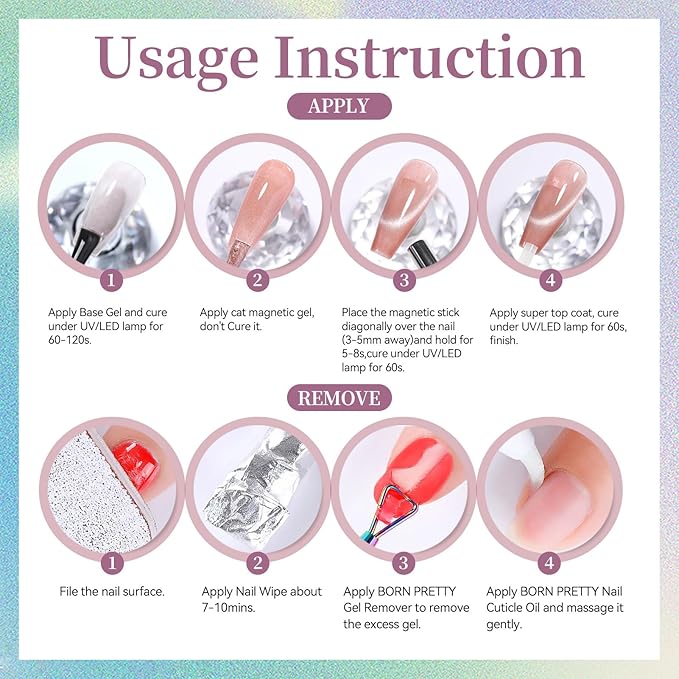 Born Pretty Spring Summer Cat Magnetic Eye Gel Nail Polish Set, 6 Colors Water Light Jelly Pastel Shimmer Glitter Glass Crystal Magnetic Gel Polish, Soak Off U V Gels for Salon DIY 7ML