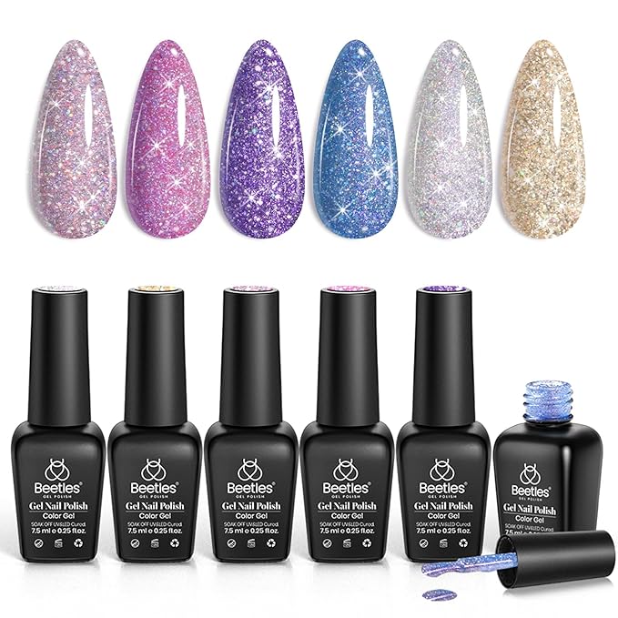 Beetles Reflective Glitter Gel Nail Polish Kit Gel Polish 6 Colors Holographic Sparkle Flash Dimond Sliver Gold Soak Off UV LED Manicure Gift for Women Girls Midnight Sparkling