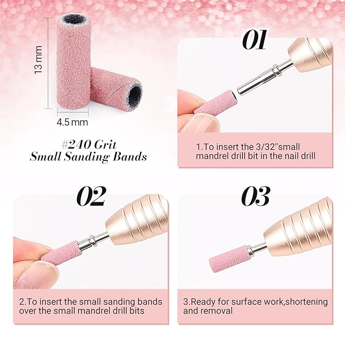 MelodySusie 240 Pcs Nail Drill Bits Small Sanding Bands for 3.1mm Mandrel Bit, 240 Extreme Fine Grit Nail File for Acrylic Nails Gel Manicures and Pedicure, Pink (Only Sanding Bands)