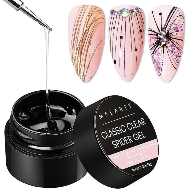 Makartt 3D Spider Gel for Nail Art: Clear Elastic Gel Polish for Drawing and Lines, Use with Chrome Powder, Soak-Off UV LED Gel for DIY Manicures Home or Salon Use