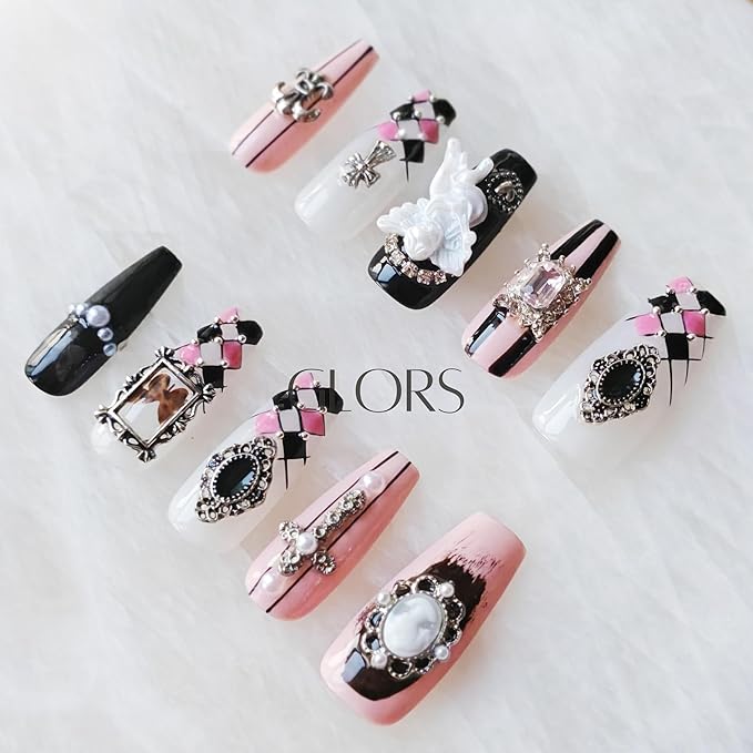 Gothic Press-on Nails, Long Coffin Shape, Pink Black White, 3D Decorative Gems and Charms, Handmade False Nail 10 Pieces (XS, LC)