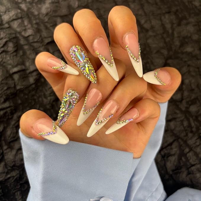 French Tip Press On Nails Long Stiletto,10 Pcs Handmade Acrylic Fake Nails Press Ons Salon Design Stick On Nails,Luxury UV Gel Glue On False Nails with 3D Rhinestone 039L)