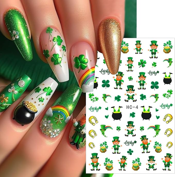 6 Sheets St Patricks Day Nail Stickers Lucky Rainbow Clover Nail Art Stickers Irish Flag Horseshoe Hat Beer Gold Coins Shamrocks Nail Decor 3D Self-Adhesive St. Patrick's Day Nail Decals for Women