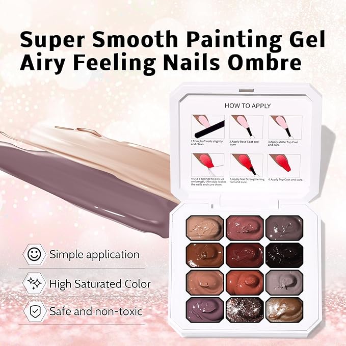 Sponge Pat Gel Nail Polish Palette, 12 Colors Blending Ombre Gel Polish Gradient Painting Nails Art, No Wipe, UV/LED Cured (12 Colors C)