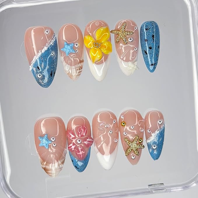 Luxury Press on Nails Medium Almond Handmade 3D Unique Reusable ABS Material Fake Nails Beach French Tip False Nails with Designs Pearls Floral Art Petal Glossy Glue on Thick Acrylic Nails(M)
