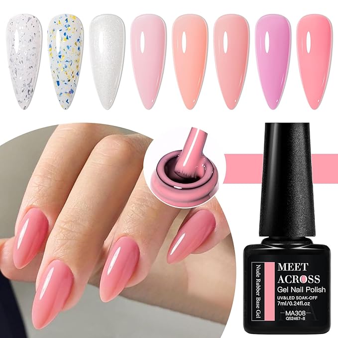 MEET ACROSS 12 Pcs Color Base Gel Nail Polish, 8 Colors Nude Pink Gel Polish Set Neutral Gold Foil Base Coat 3 in 1 Builder Base for Nail Strengthener Soak Off Nail Art for Women