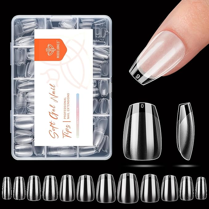 modelones Extra Short Coffin Nail Tips, Pre-shaped Soft Gel Tips Fake Nails False Acrylic Clear Full Cover Press on Extension Kit Gel Manicure DIY at Home 216PCS 12Sizes