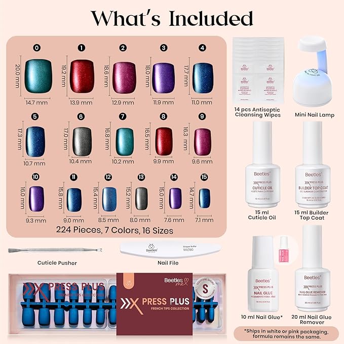 Beetles X Press Cat Eye Nails Kit - Mystic Aurora | 7 Colors Cat Eye Press On Nails Short Square | 224Pcs 16 Sizes All-in-One Kit With Nail Glue,Remover,Builder Top Coat,Nail Lamp Gift