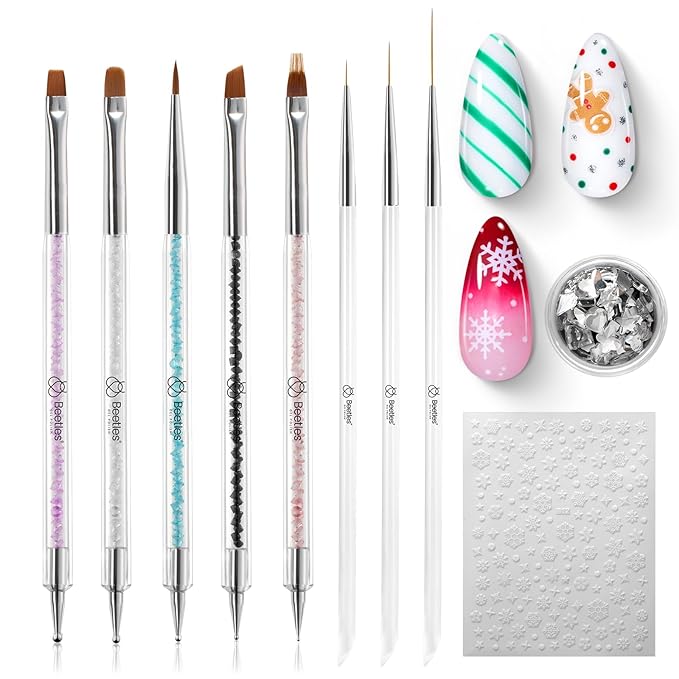 Beetles Nail Art Brushes 8pcs – Crystal Nail Art Tools 5pcs Double-ended Nails Dotting Tool, 3pcs Striping Liner Brushes for Nails with Charms and Stickers DIY Manicure Design Tools
