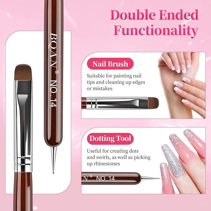 BQAN French Tip Brush Acrylic Nail Brush French Tip Clean up Brush 2 Way Nail Art Brushes with Dotting Tool for Nails Art Design Salon & Home Use (14#)