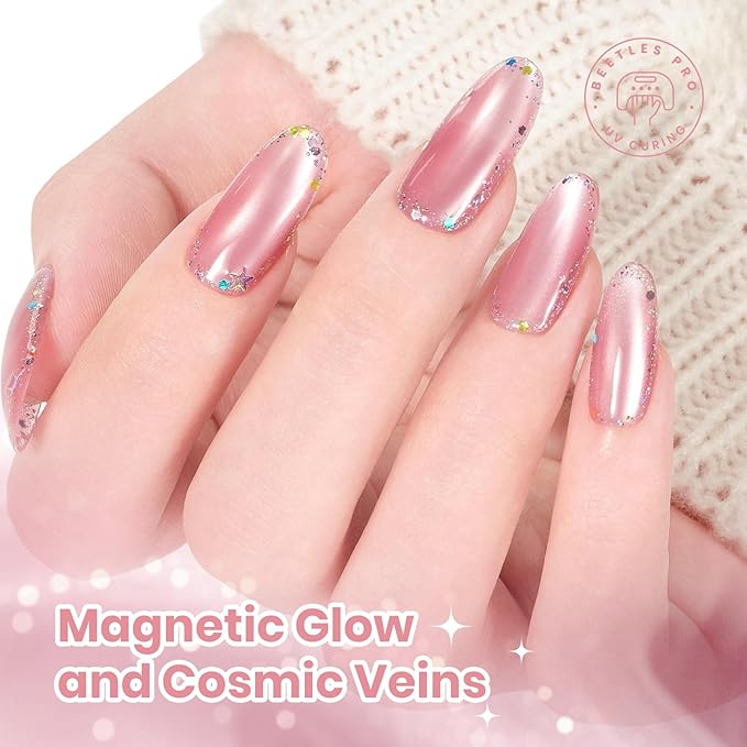 Beetles Misty Blush Glow Pink Cat Eye Gel Nail Polish Set - 6 Colors 15ML Glitter Pink Spring Cat Eye Gel Polish Kit Magnetic Effect Soak Off UV Nail Art DIY Manicure Gift for Women
