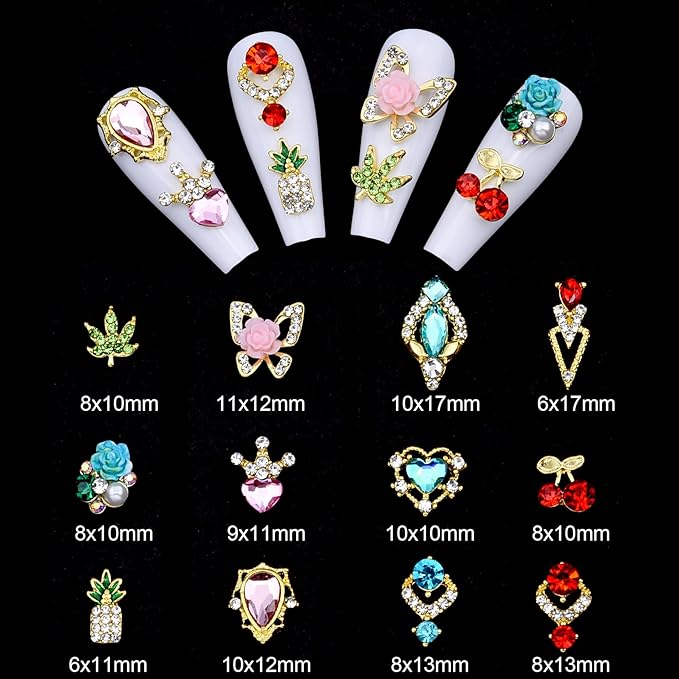 120PCS Y2k Nail Charms and Gems - Gold Red Nail Jewelry Cherry, Pink Heart Flower Butterfly Shiny Nail Rhinestone Pineapple,Nail Falls Charms Green Leaf for DIY Nail Art Design,Acrylic Nails Supplies