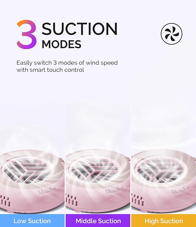 MelodySusie PocketSized Nail Dust Collector with Lightweight Design,HProA 6000RPM Ultra-Small Nail Vacuum Fan with 3 Suction Modes and 30 Disposable Filter Papers for Beginner & Daily Nail Care,Pink