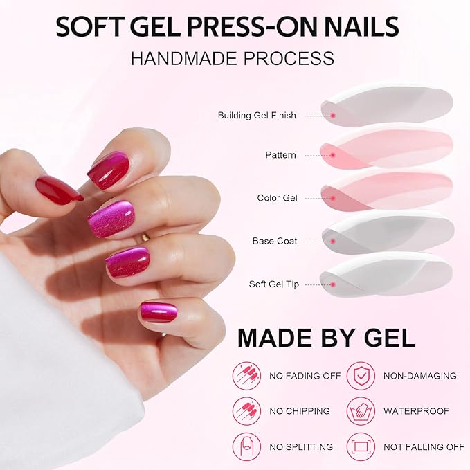Press On Nails Short Square - Findigit Berry Red Cat Eye, False Nails, Natural Fit Reusable Stick On Fake Nails with Glue | Salon Quality | 16 Sizes - 32 Nails