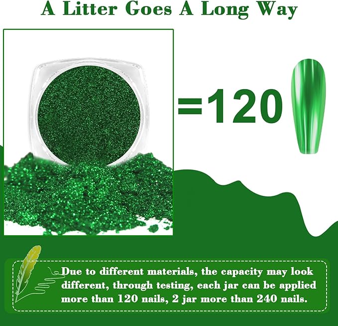 Allstarry Green Chrome Nail Powder, 2 Colors Metallic Effect Mirror Chrome Powder Pigment Manicure Glitter Kit for Gel Polish St Patricks Day Nail Art St Patty's Day Accessories - Wheat Field Green