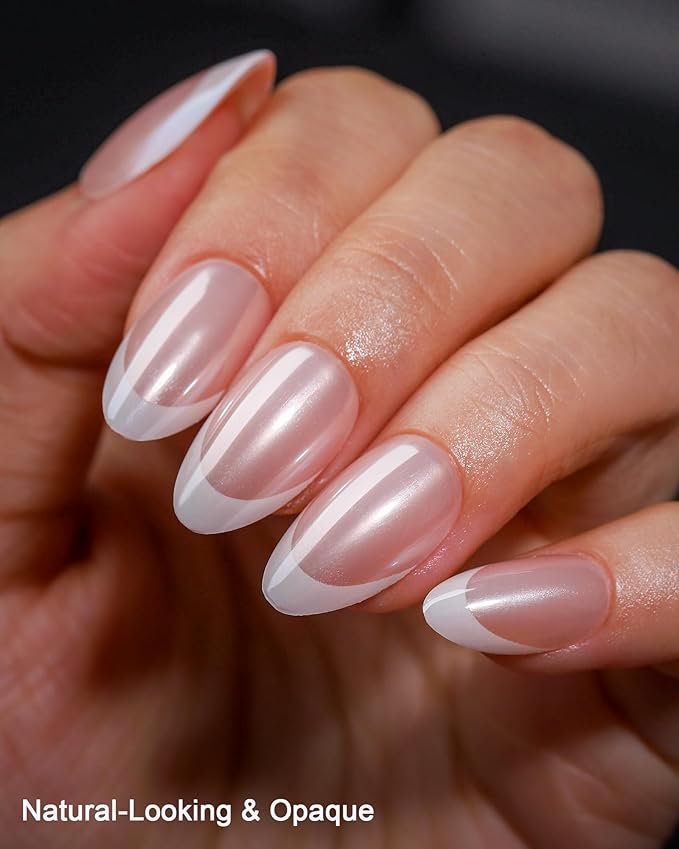 16 Size Chrome White French Tip Almond Press On Nails,32 Pcs Salon Quality Glossy Short Glue on Gel Nails (Chrome French White Tip)