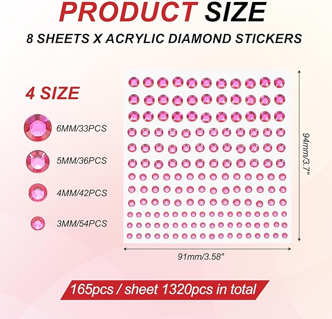 PATIKIL 1320 Pcs Acrylic Gem Sticker, 4 Size 3/4/5/6mm Self Adhesive Rhinestones Face Gem Stones Bling Jewelry for Nail Art Craft Clothes DIY Makeup Decoration Party, Pink Red