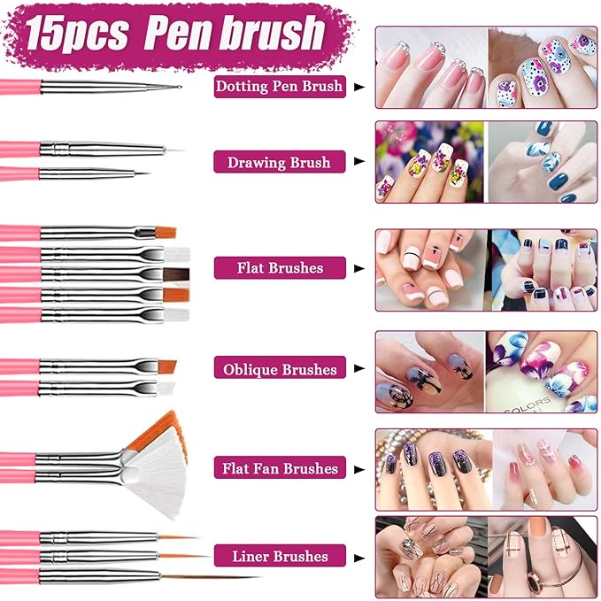 AIBEE Nail Art Tools Set, 15Pcs Nail Art Brushes 2Pcs Nail Stand for Press On 5Pcs Dual Tipped Nail Dotting Tool and Sculpture Pen with Tape Nail Holder for Painting DIY Press On Nails