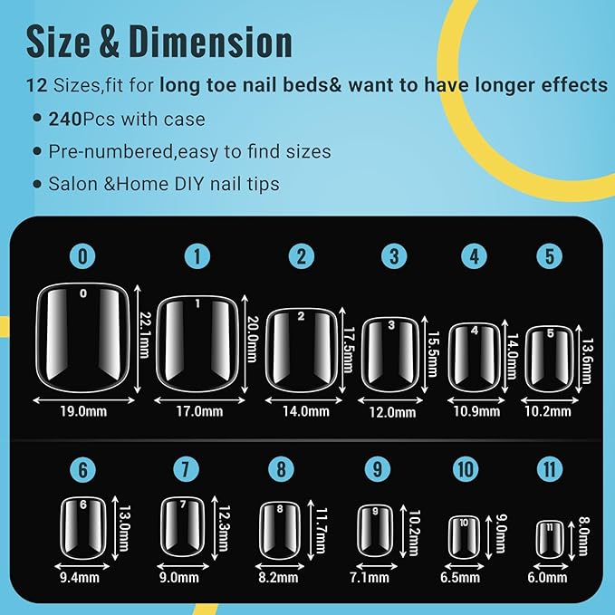Wide Long Fake Toenails, SINOKAME Clear Press on Toenails for Women with Nail Glue Kit, Paintable Toe Nail Press Ons 240Pcs 12 Sizes Up to 10 Pedicures