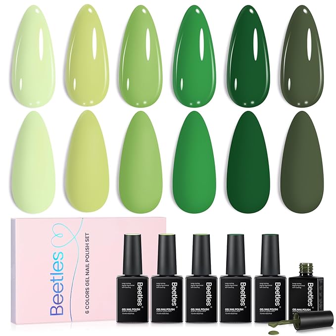 Beetles Green Gel Polish Set - Green Picnic Pastel Gel Nail Polish Set 6 Colors, Soak Off UV LED Lamp Spring Nails Art, Long-Lasting Manicure Salon DIY St Patricks Day Nails Home