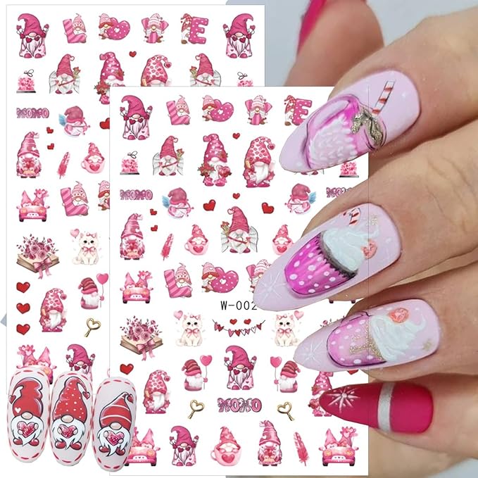 6 Sheets Valentines Day Nail Art Stickers 3D Self-Adhesive Heart Nail Stickers Romantic Cupid Angel Dwarfs Bear Lovers Designs Red Pink Nails Art Supplies Valentines Nail Decals for Women DIY