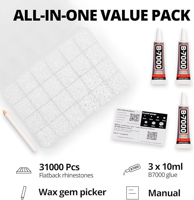 33000Pcs White Resin Rhinestones for Bedazzling, 2-6mm Mixed Sizes Bedazzle White Diamonds Gems, Flatback Bedazzled Jewels Crystals with B7000 Rhinestone Glue for Crafts Crafting Clothes Nail Art