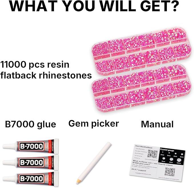 11000Pcs Jelly Hot Pink AB 2/3/4/5mm Flatback Rhinestones with Glue for Bedazzling Crafting Clothing Clothes Crafts Shoes Nail Art, Resin Flat Back Gems Crystals Diamonds Gemstones Jewels Stones Kit
