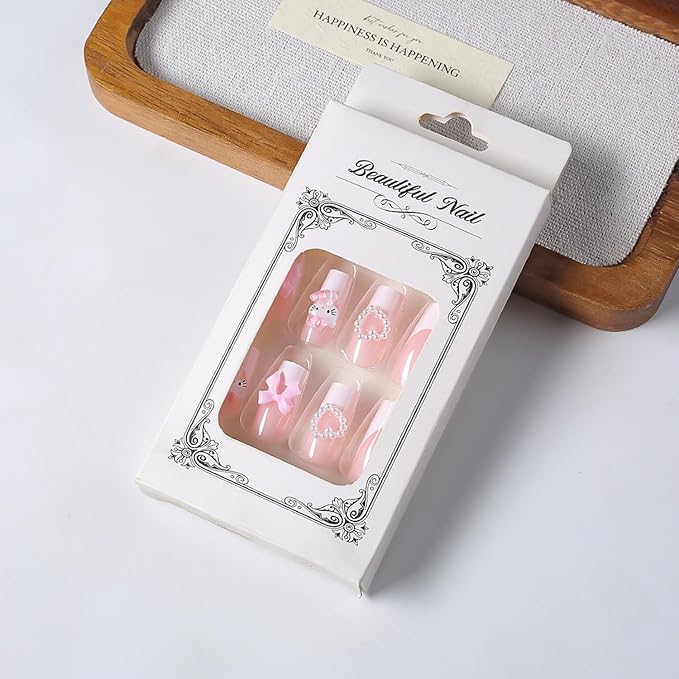 24pcs Cartoon Press on Nails Medium Square Fake Nails Heart-Shaped Bow Nails, French Tip Press on 3D Bows Heart False Nails Tips Cute Stick on Nails Full Cover Artificial Acrylic Nails for Women Decor