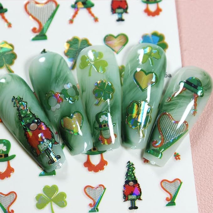 6 Sheets St. Patrick's Day Nail Art Stickers for Nail 3D Self Adhesive Laser Shamrock Nails Stickers Rainbow Golden Jar Gnome Design Irish Nail Decals Nails Art Supply for St. Patricks Day Manicure
