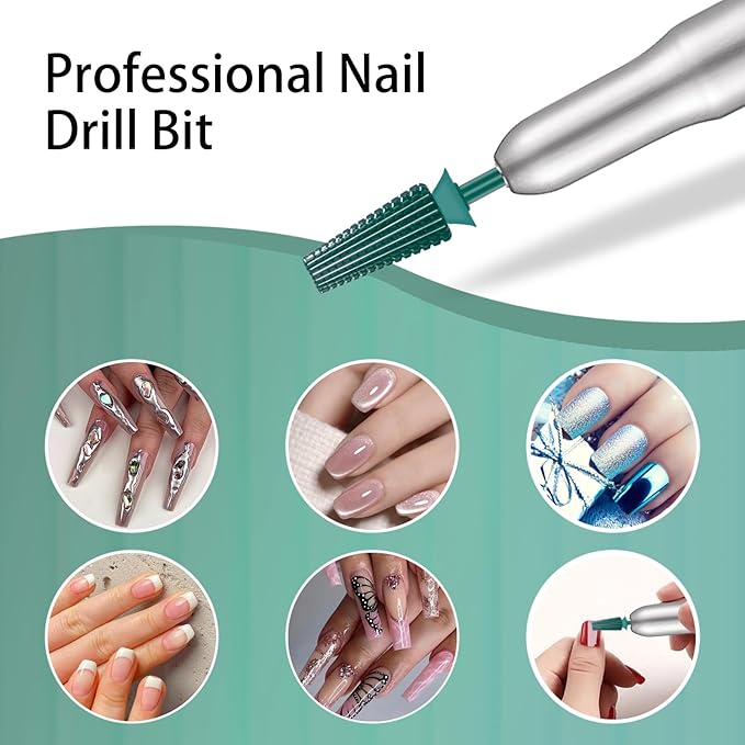 5 in 1 Nail Drill Bit, 3/32'' Professional Carbide Tungsten Drill Bit Nail Tech, Two Way Rotate Cuticle Gel Remover Drill Bit for Manicure Pedicure Acrylic Nail Poshling (Green, Coarse-C)
