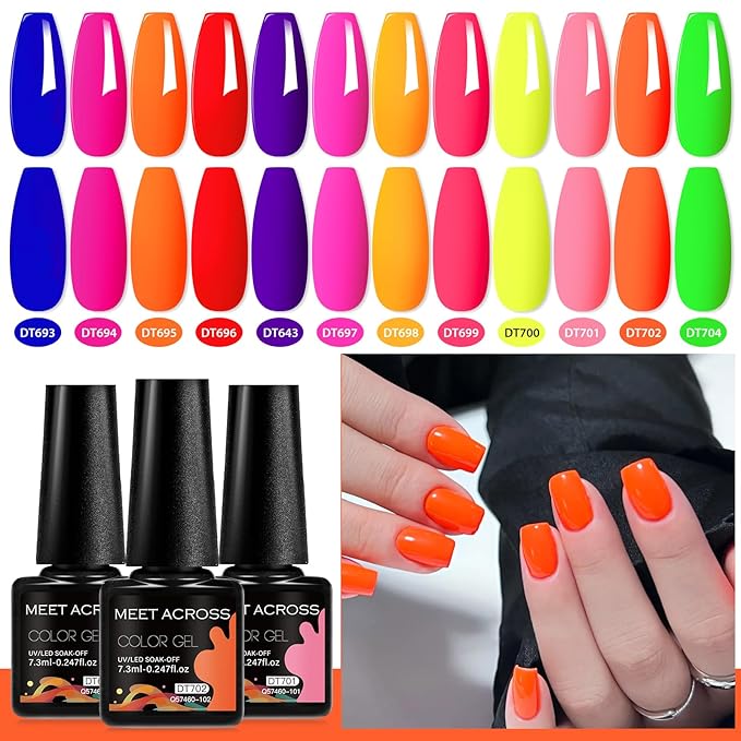 MEET ACROSS 12pcs Gel Nail Polish Set,Soak Off UV LED Lamp Gel Nail Polish Kit,Fashion Shimmer Nail Art Design Gifts for Women Manicure Salon (Neon-1)