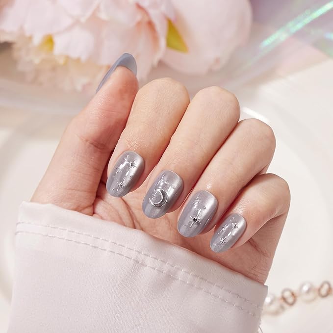 VSALON Press on Nails Short Oval, Silver Gray Cat Eye Star & Moon Chrome Glossy 3D Art Glue On Nails, Opaque Salon Quality Valentine Fake Nails Kit - 32 PCS Nails in 16 Sizes with Glue & Cuticle Oil