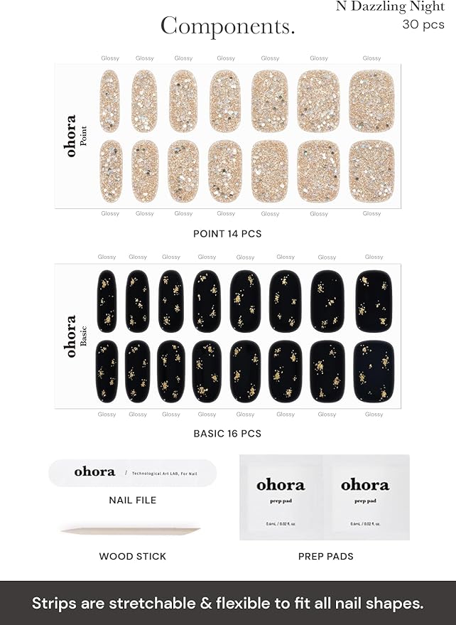 ohora Semi Cured Gel Nail Strips (N Dazzling Night) - Black, Glitter, Works with Any UV/LED Lamps, Salon-Quality, Long Lasting, Easy to Apply & Remove - Includes 2 Prep Pads, Nail File & Wooden Stick